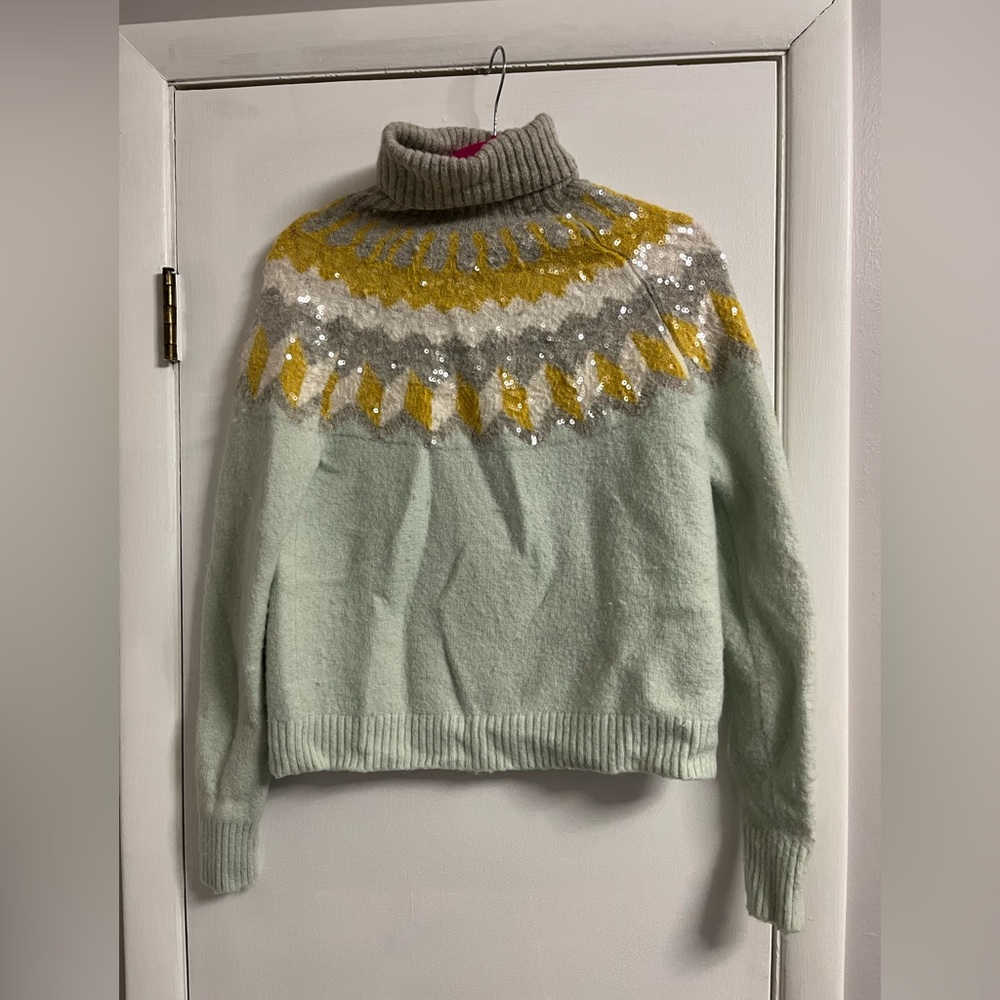 J. Crew Gray and Yellow Sequin Turtleneck Sweater